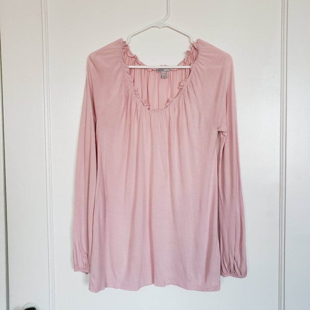 Old Navy Pink Long Sleeve V-Neck Top Ruffle Trim 100% Rayon Women's Medium M